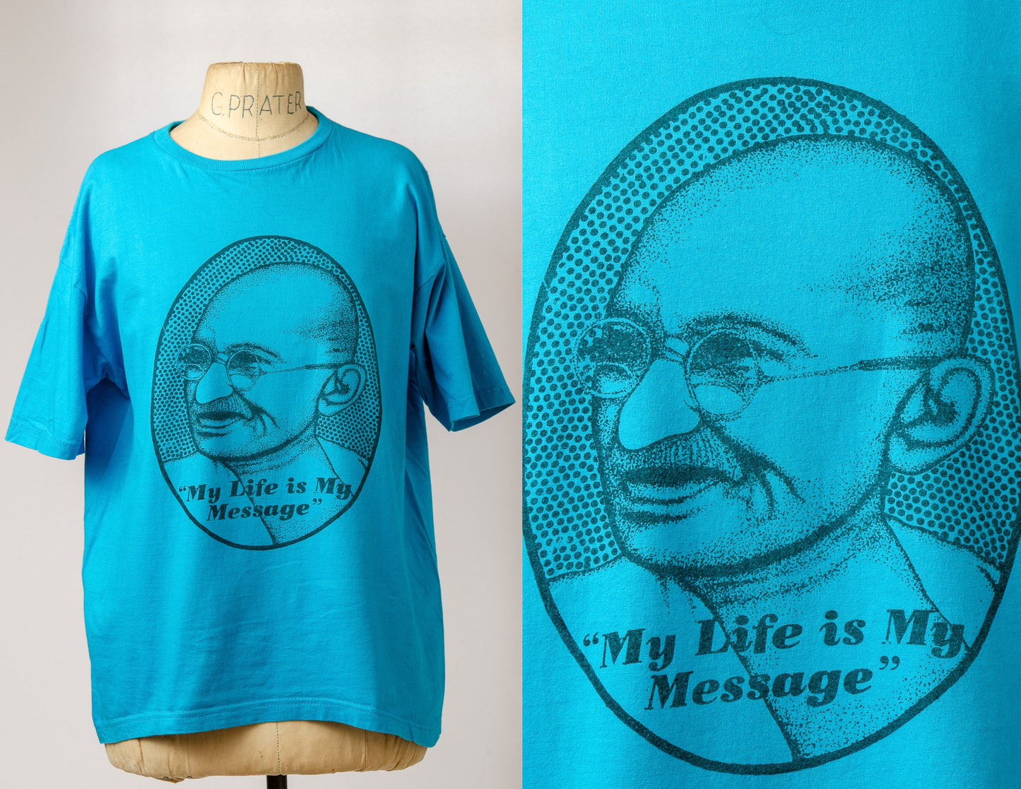 1980s Gandhi My Life Is My Message Blue Cotton T Shirt