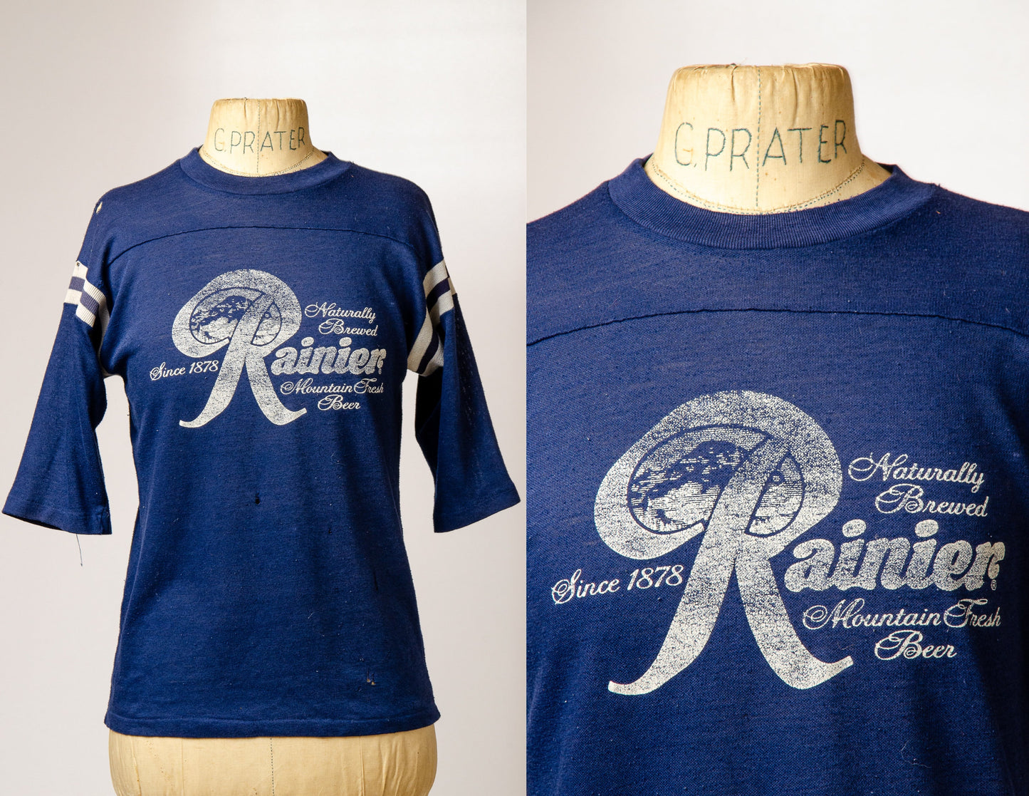 1970s Rainier Beer Distressed Blue Jersey Style T Shirt