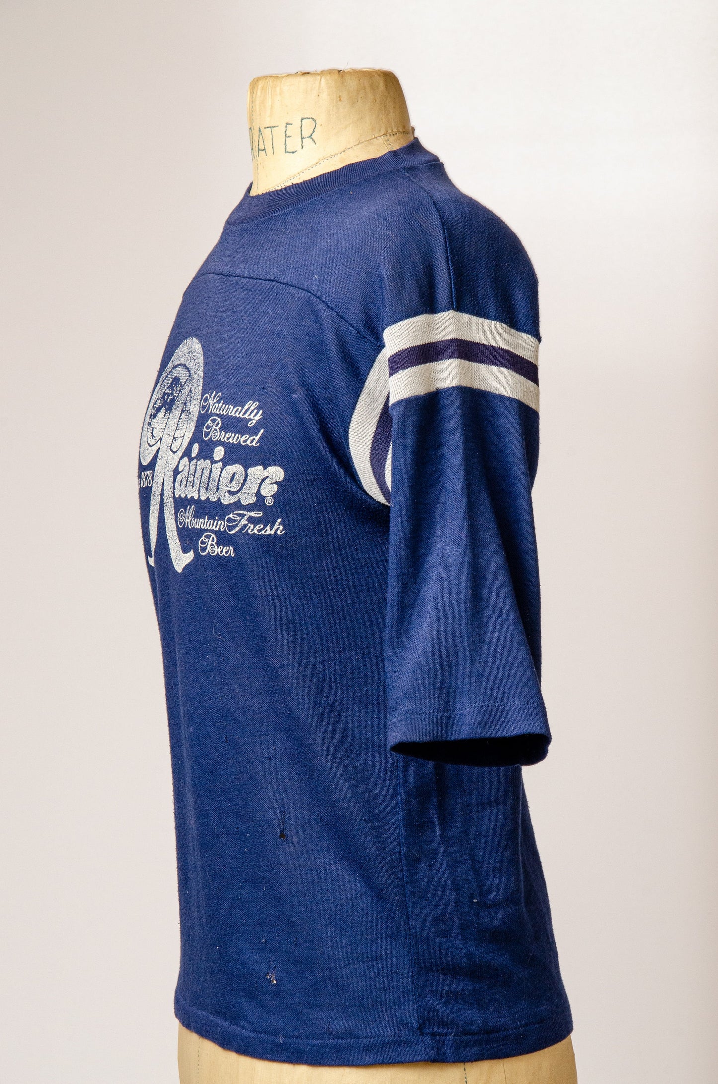 1970s Rainier Beer Distressed Blue Jersey Style T Shirt