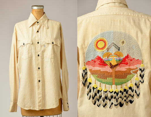 1970s Seven Arrows Embroidered Levis Orange Tag Linen Button Down Hippie Shirt