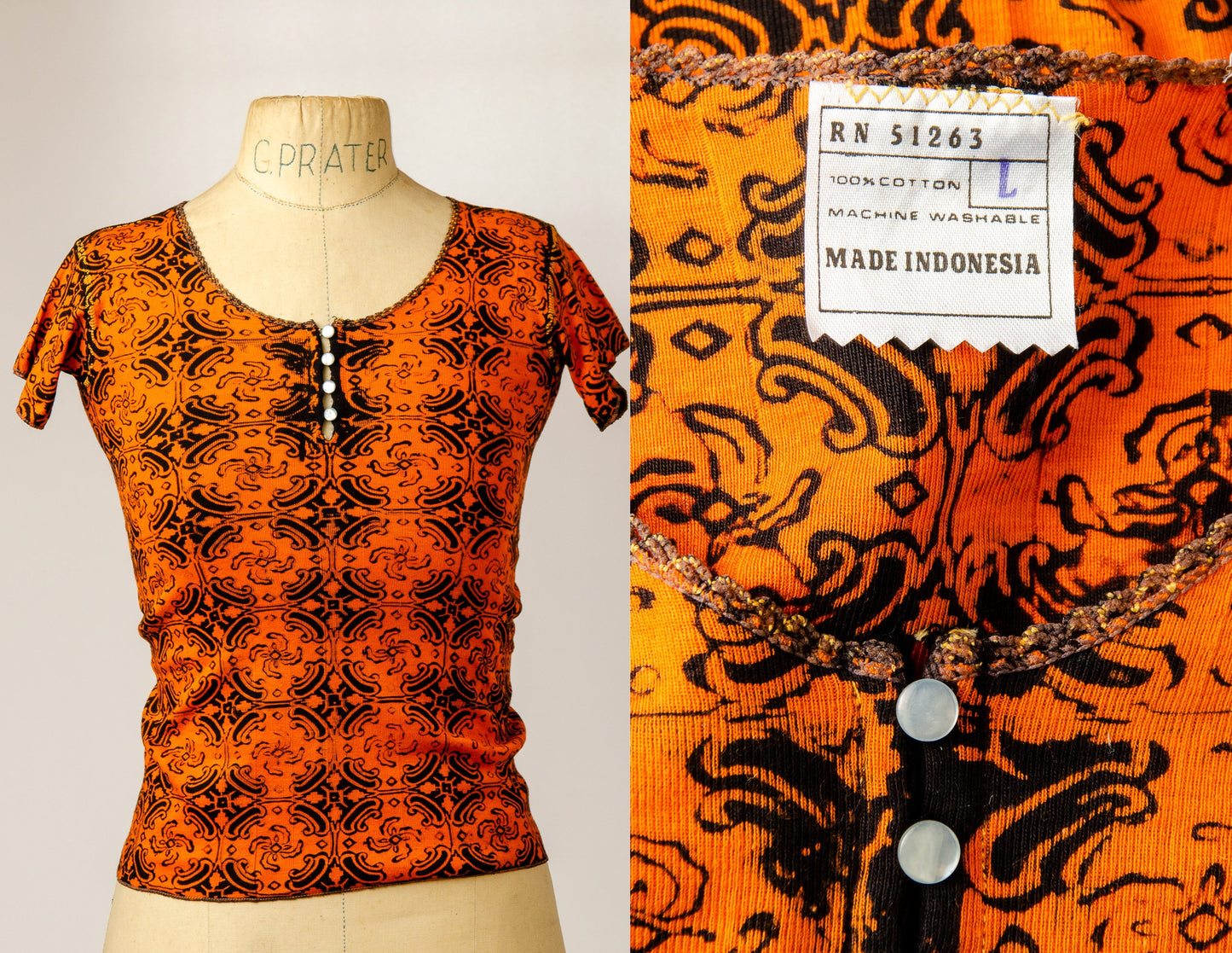 1970s  Deadstock Hippie Batik Orange and Black Babyrib Cotton T Shirt