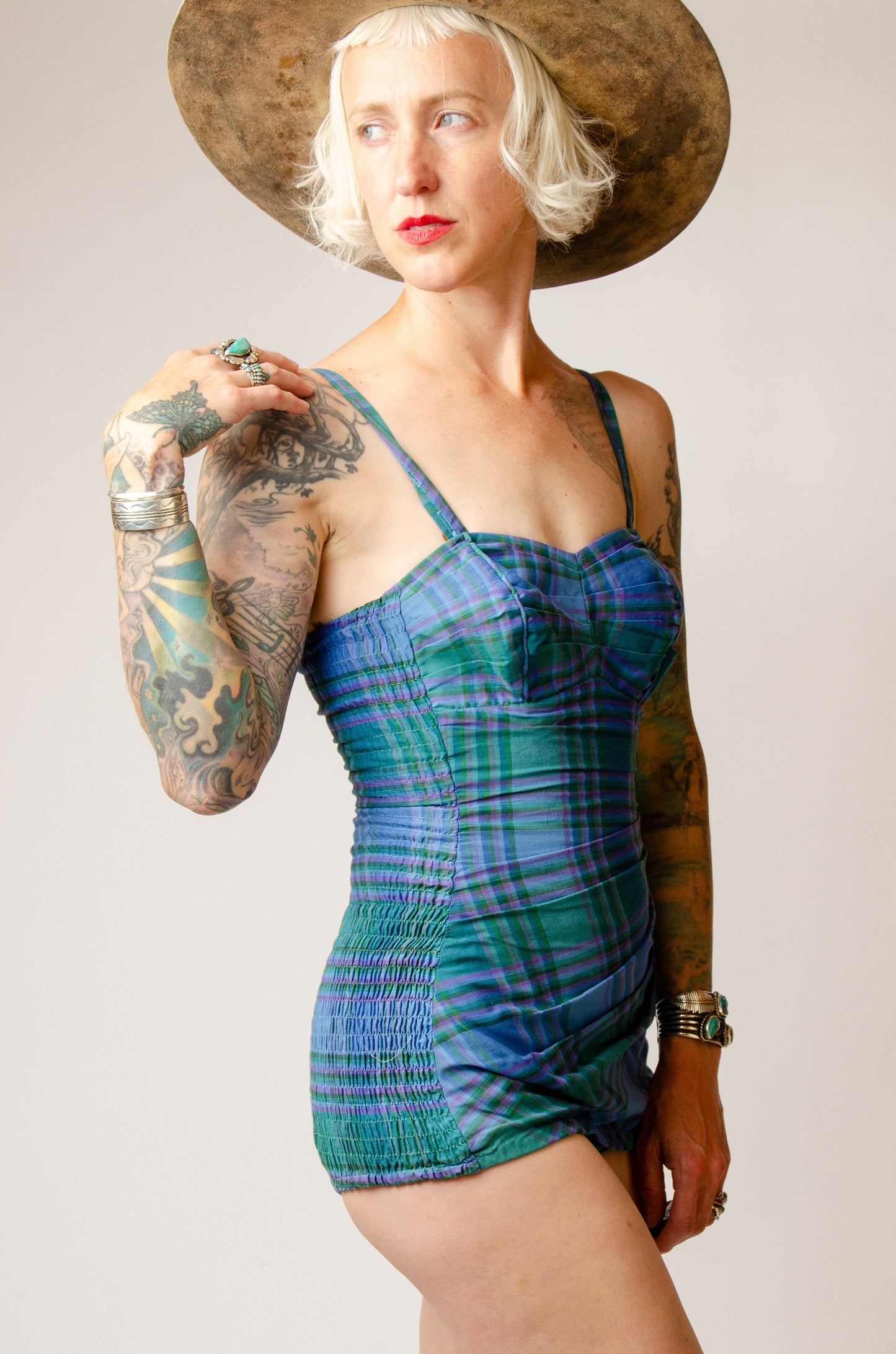 1940s Cotton Plaid Swimsuit Sweetheart Pin Up One Piece Swimsuit Playsuit