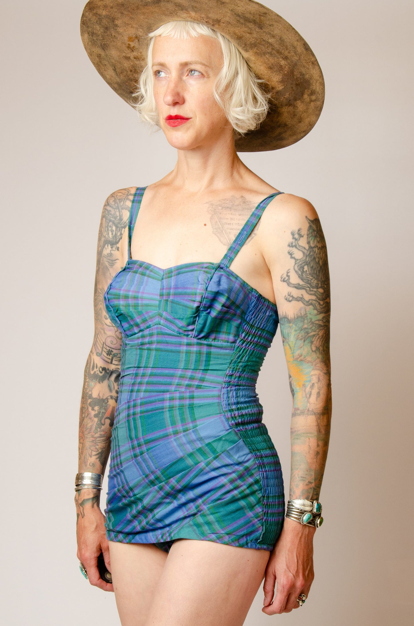 1940s Cotton Plaid Swimsuit Sweetheart Pin Up One Piece Swimsuit Playsuit