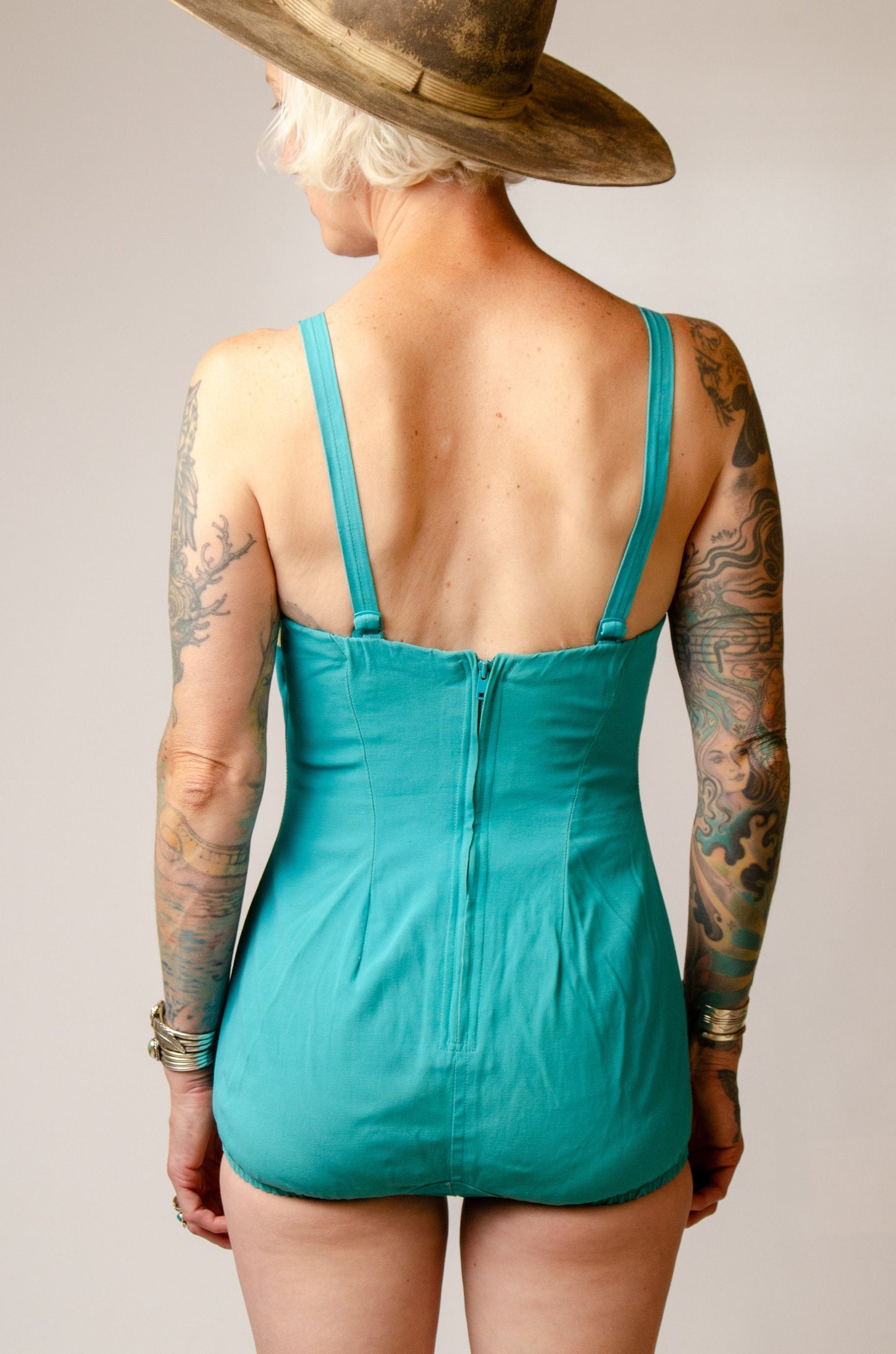 1940s Jantzen Swimsuit Turquoise and Black Sweetheart Pin Up One Piece Playsuit