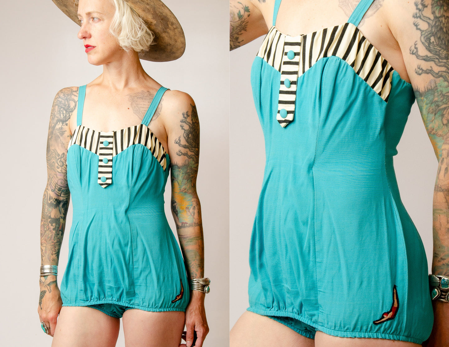 1940s Jantzen Swimsuit Turquoise and Black Sweetheart Pin Up One Piece Playsuit