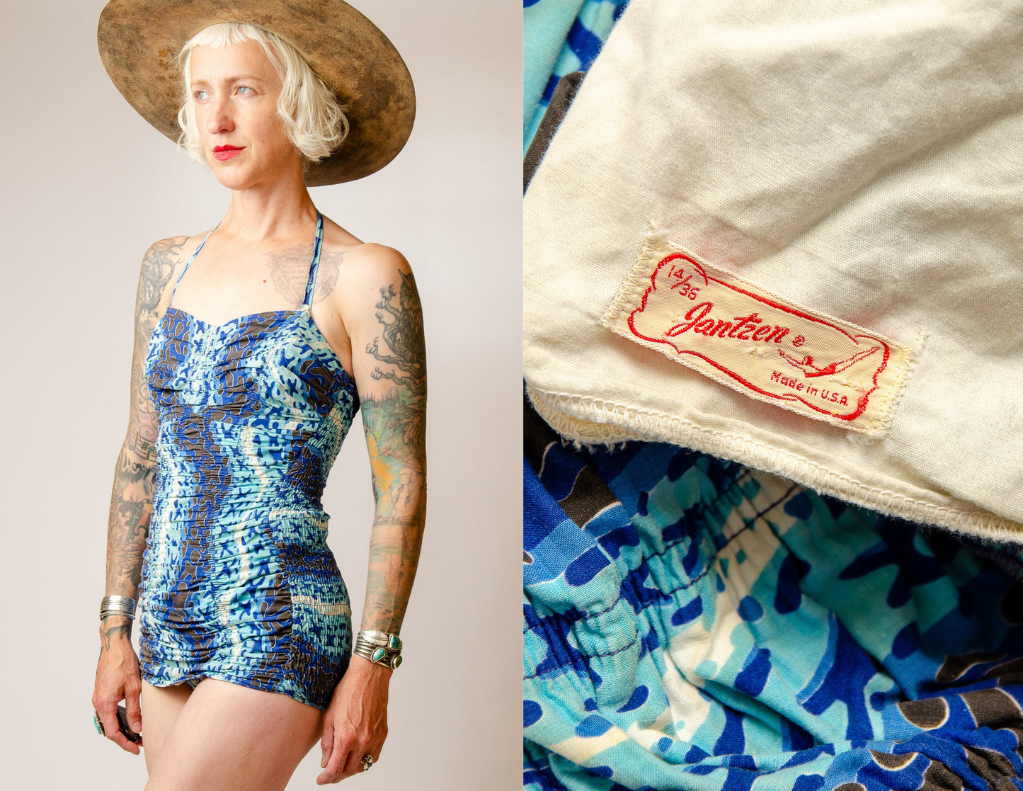 1940s Jantzen Swimsuit Turquoise and Blue Cotton Pin Up One Piece Playsuit