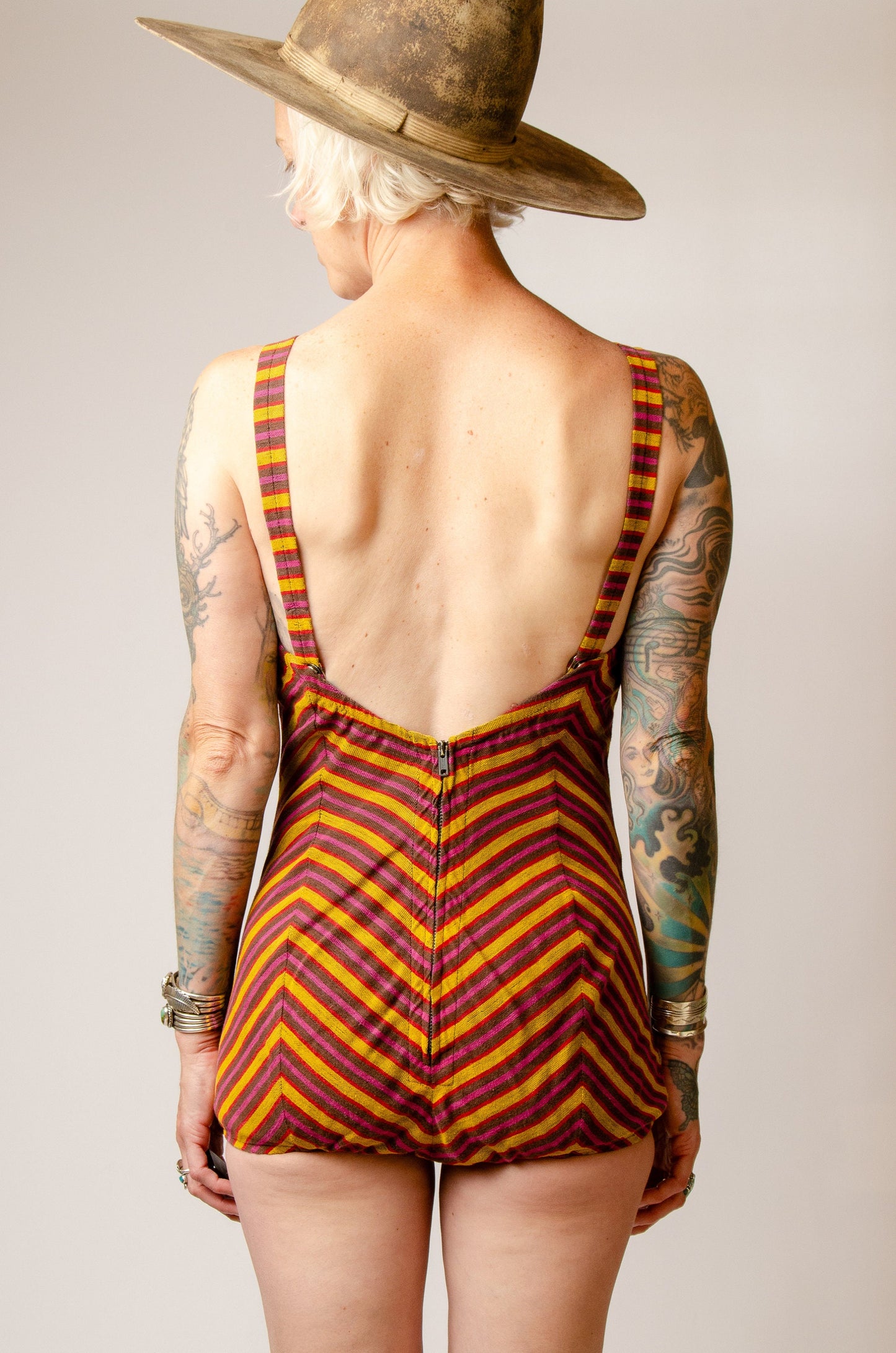 1940s Cotton Sunburst Swimsuit Striped Sweetheart Pin Up One Piece Playsuit