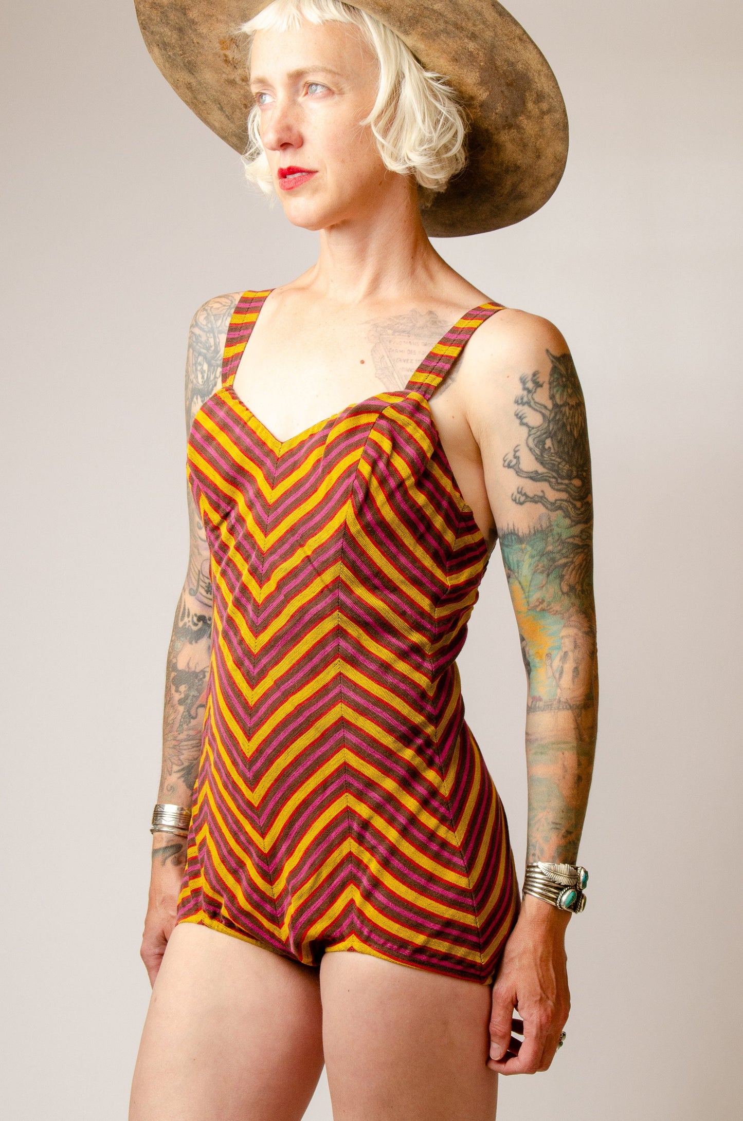 1940s Cotton Sunburst Swimsuit Striped Sweetheart Pin Up One Piece Playsuit