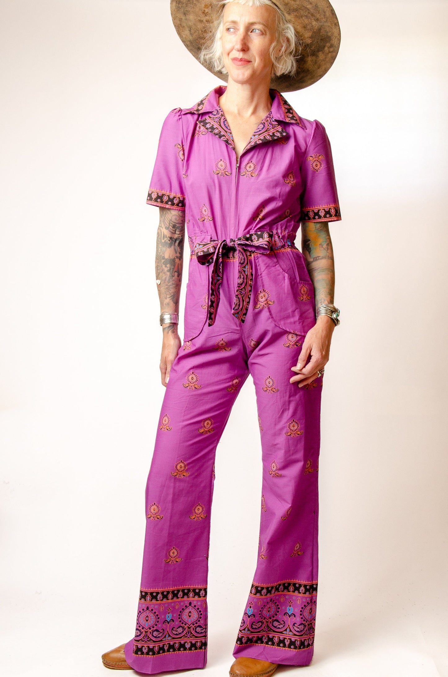 1970s Deadstock Batik Jumpsuit Belted Cotton Flared Jumpsuit