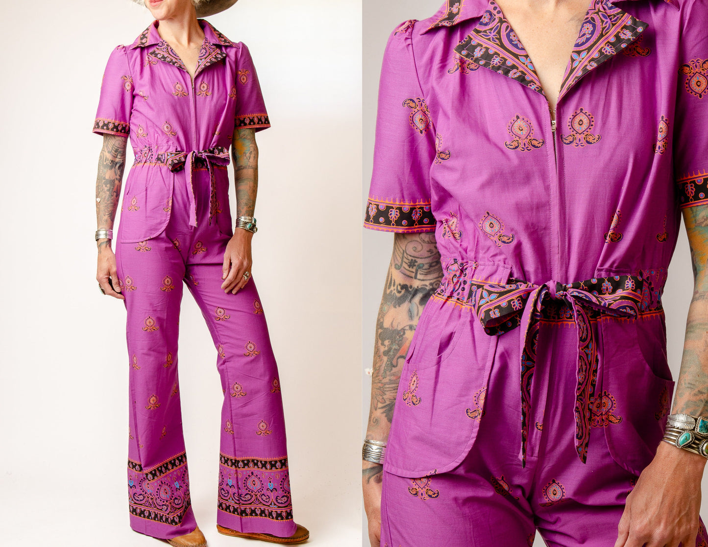 1970s Deadstock Batik Jumpsuit Belted Cotton Flared Jumpsuit