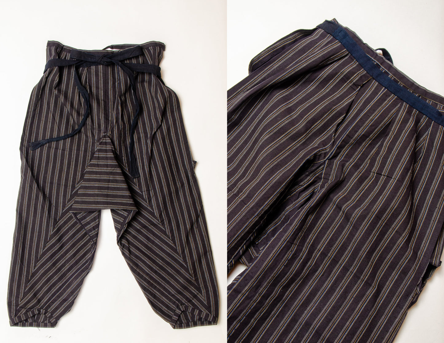 1920s Japanese Indigo Stripe Monpe Wrap Around Work Pants Deadstock