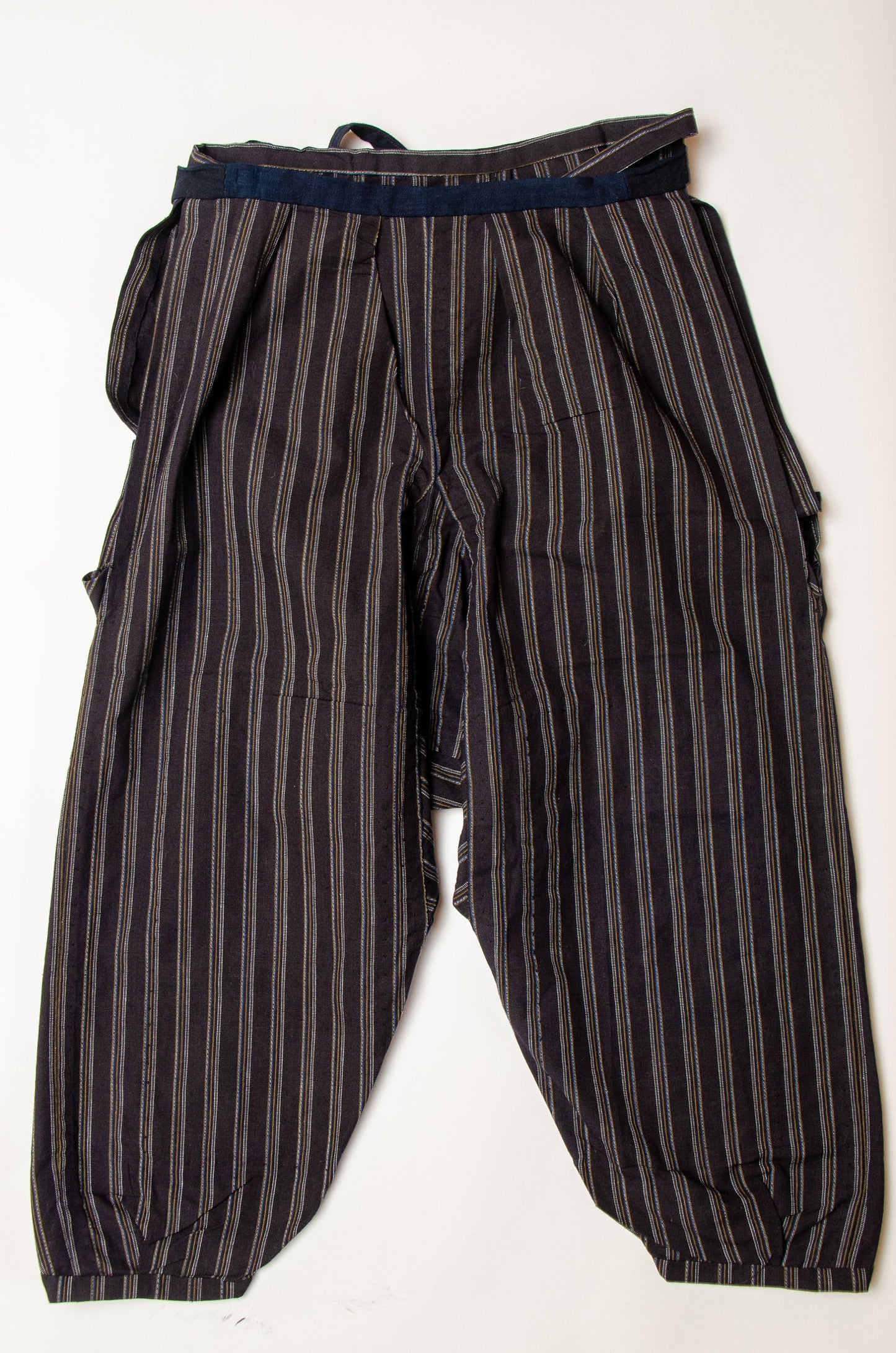 1920s Japanese Indigo Stripe Monpe Wrap Around Work Pants Deadstock