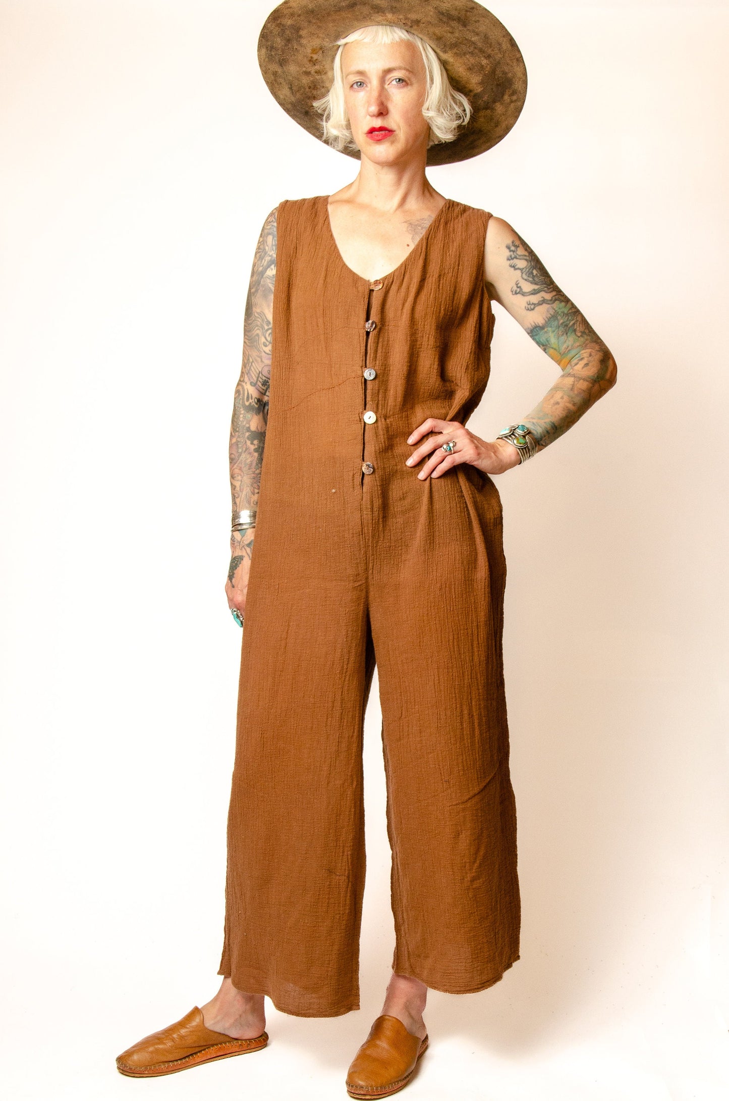 90s Gauzy Cotton Jumpsuit Wide Leg Button Up Brown Cotton Jumper