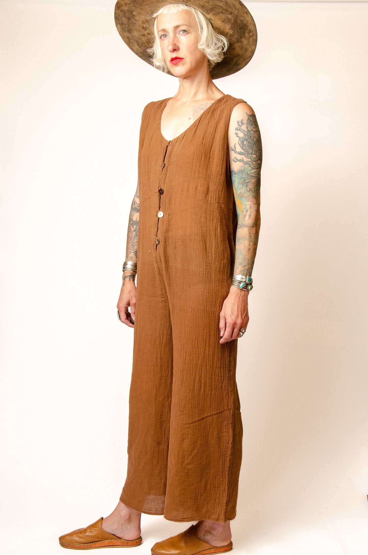 90s Gauzy Cotton Jumpsuit Wide Leg Button Up Brown Cotton Jumper