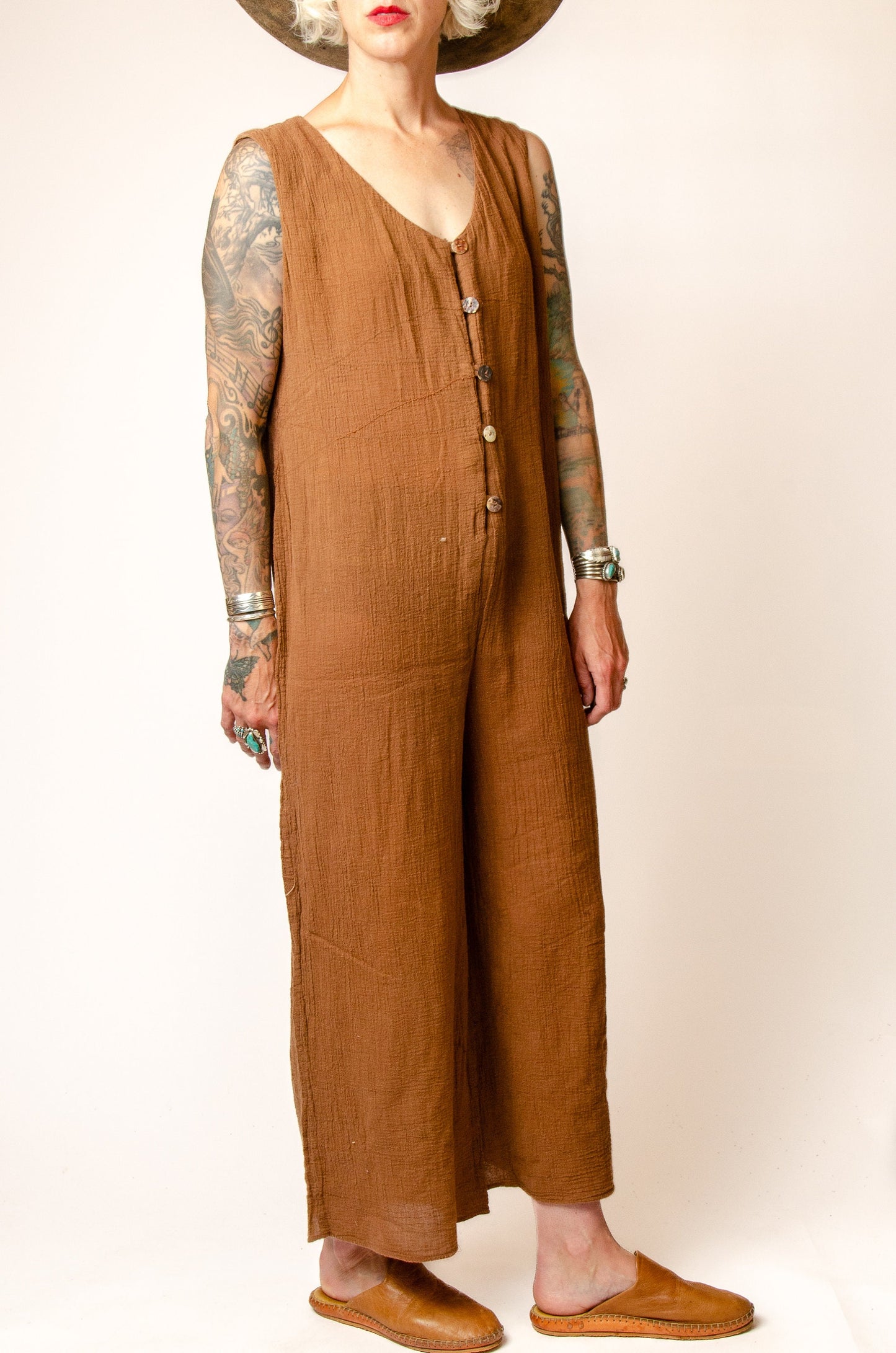 90s Gauzy Cotton Jumpsuit Wide Leg Button Up Brown Cotton Jumper