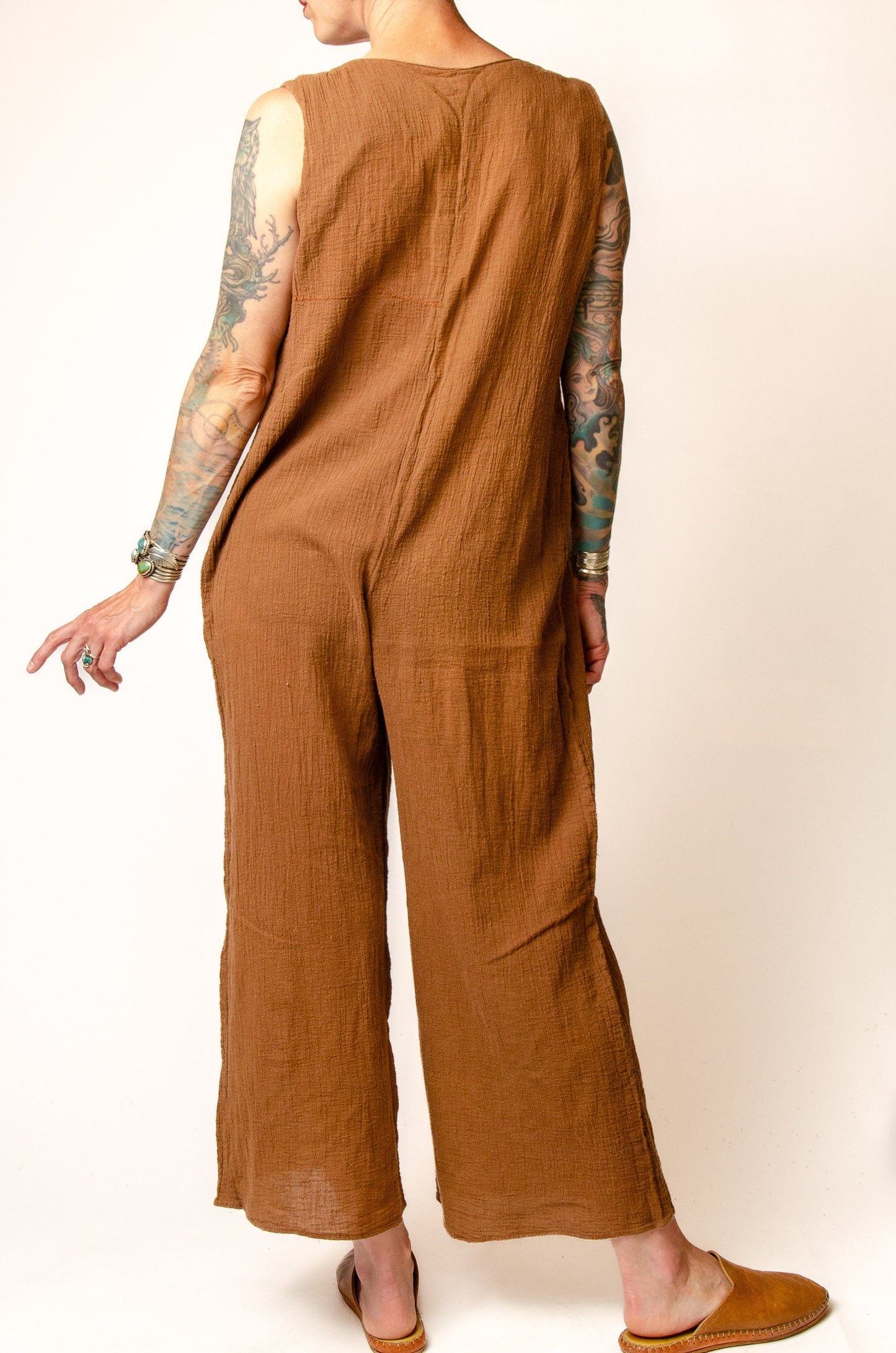 90s Gauzy Cotton Jumpsuit Wide Leg Button Up Brown Cotton Jumper