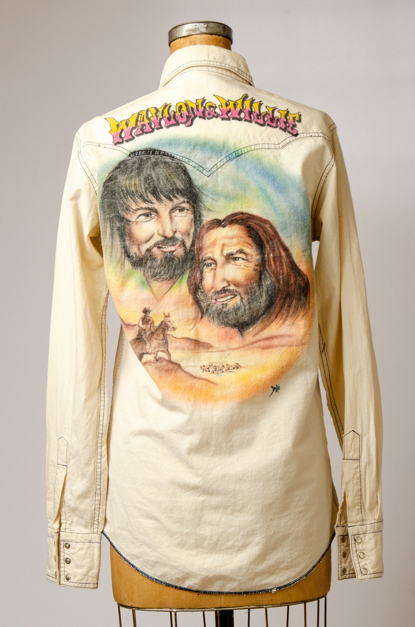 1980s Waylon Jennings & Willie Nelson Together Again Airbrush Cotton Western Shirt