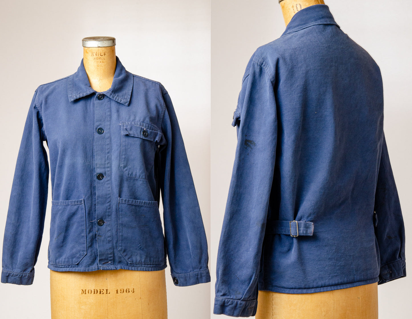 1950s French Chore Jacket Cinch Back Button Down Indigo Cotton Work Jacket