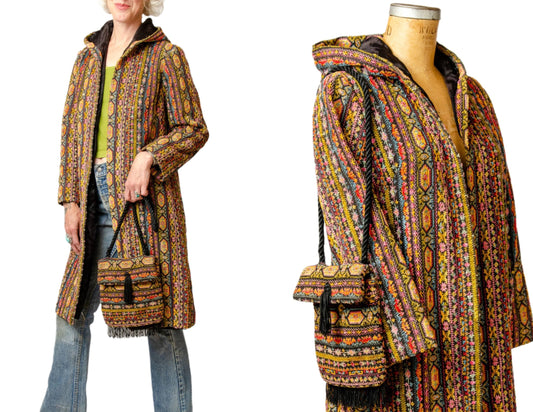 1960s Carpet Jacket & Bag Bohemian Tapestry Penny Lane Hooded Hippie Jacket