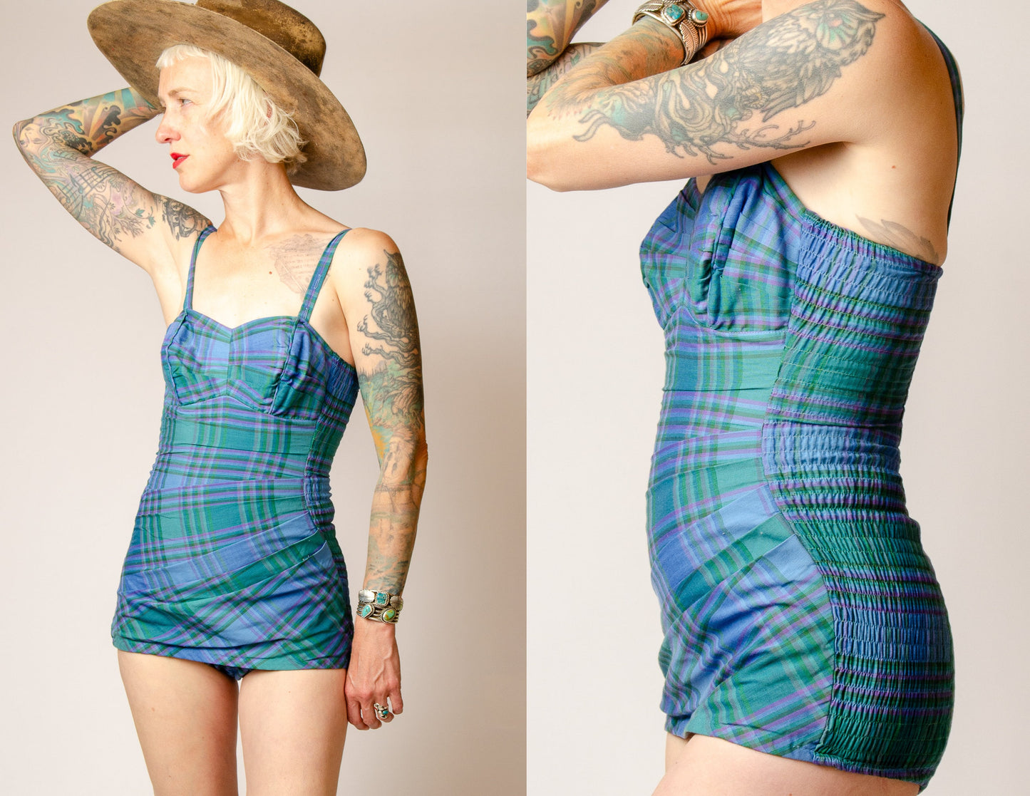 1940s Cotton Plaid Swimsuit Sweetheart Pin Up One Piece Swimsuit Playsuit