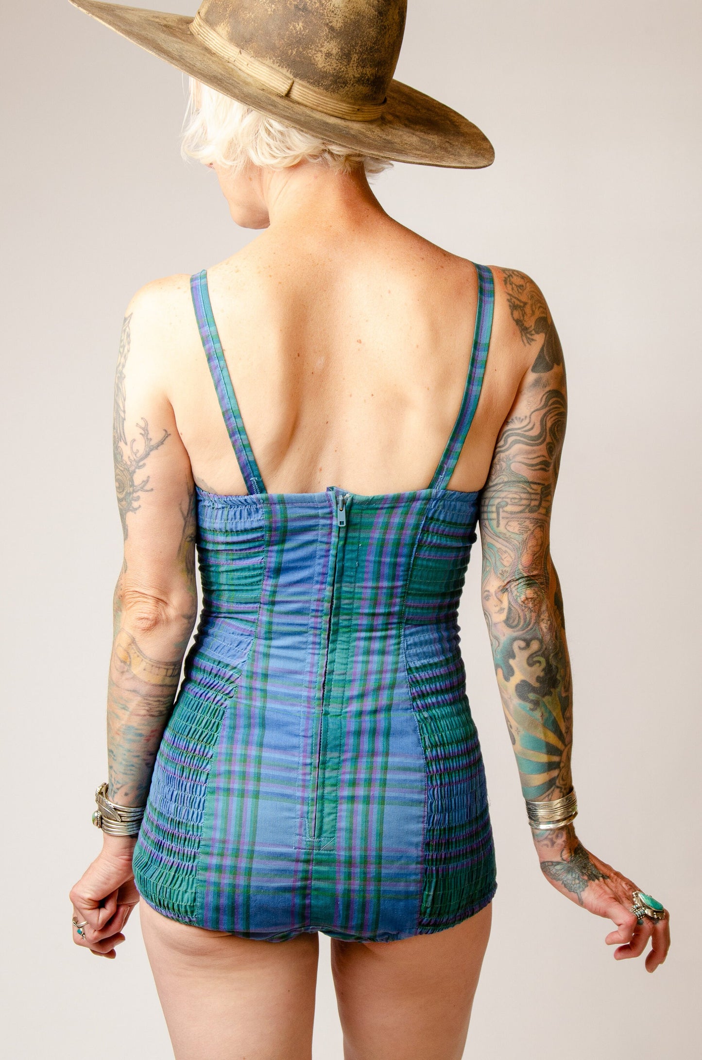 1940s Cotton Plaid Swimsuit Sweetheart Pin Up One Piece Swimsuit Playsuit