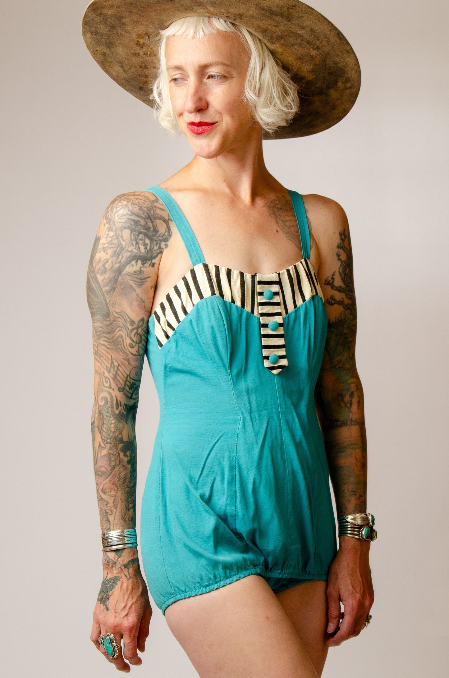 1940s Jantzen Swimsuit Turquoise and Black Sweetheart Pin Up One Piece Playsuit