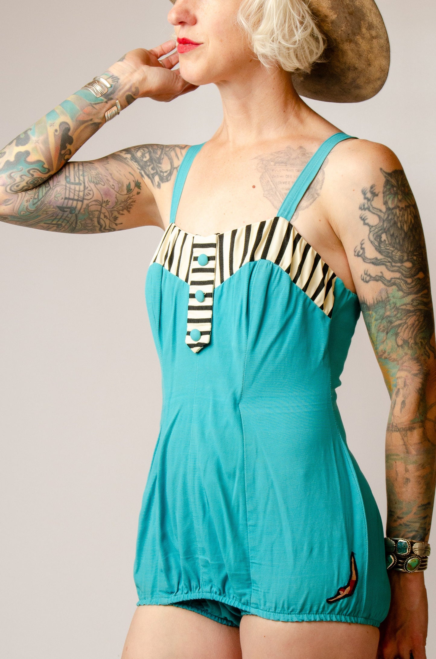 1940s Jantzen Swimsuit Turquoise and Black Sweetheart Pin Up One Piece Playsuit