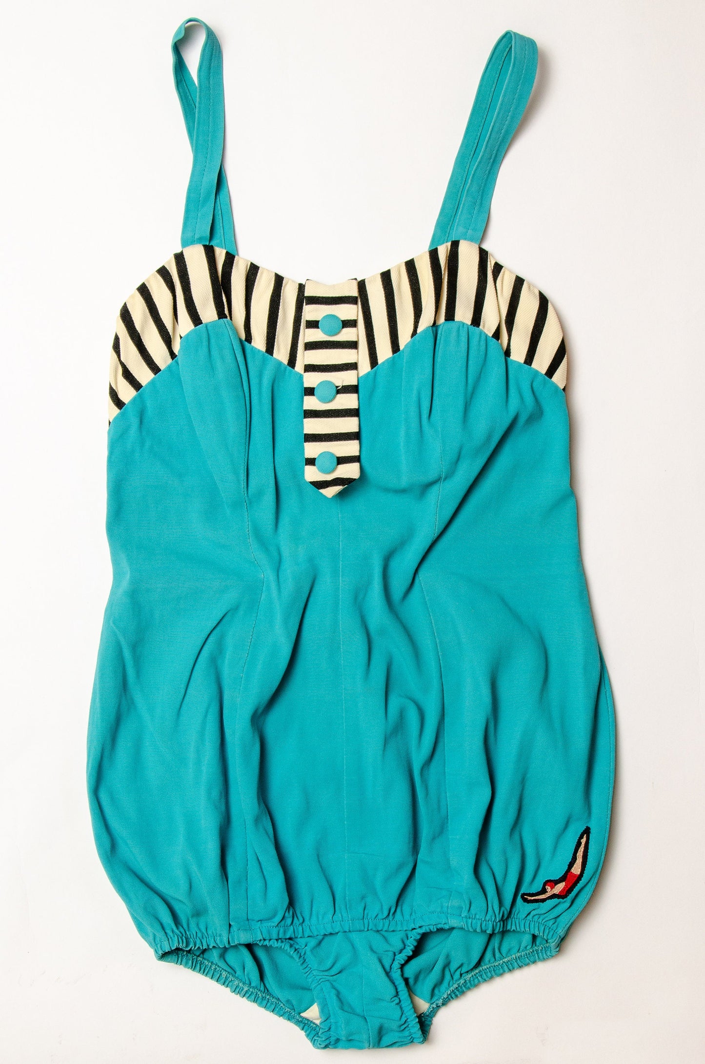 1940s Jantzen Swimsuit Turquoise and Black Sweetheart Pin Up One Piece Playsuit