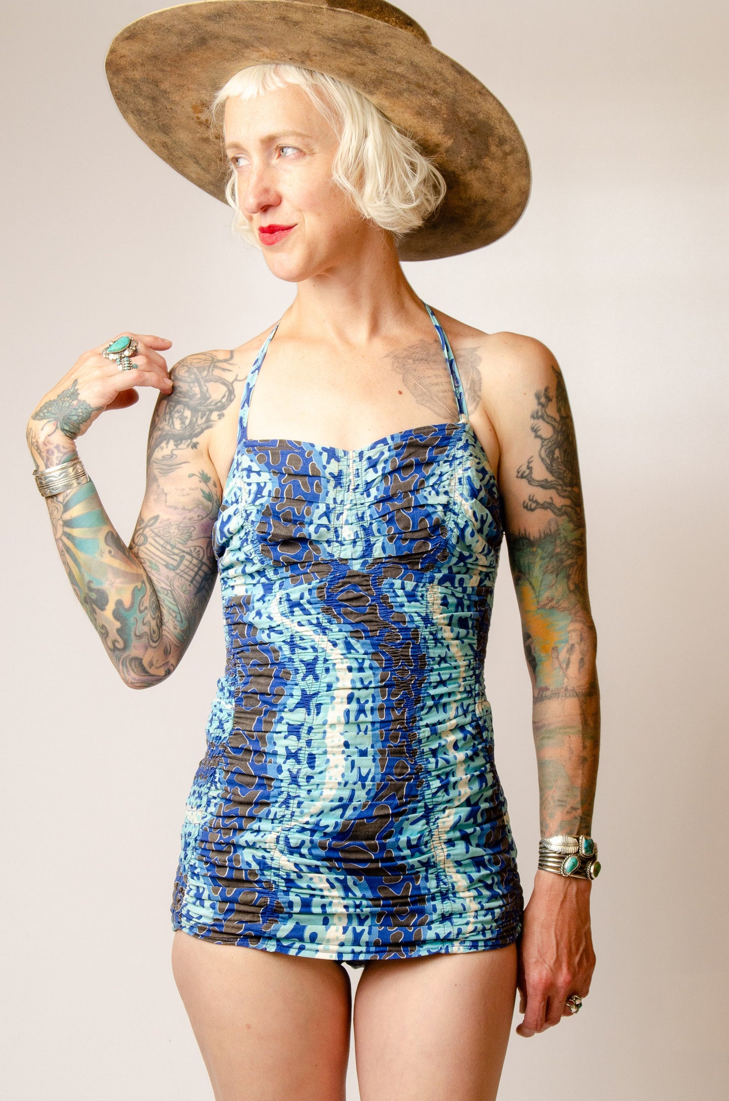 1940s Jantzen Swimsuit Turquoise and Blue Cotton Pin Up One Piece Playsuit