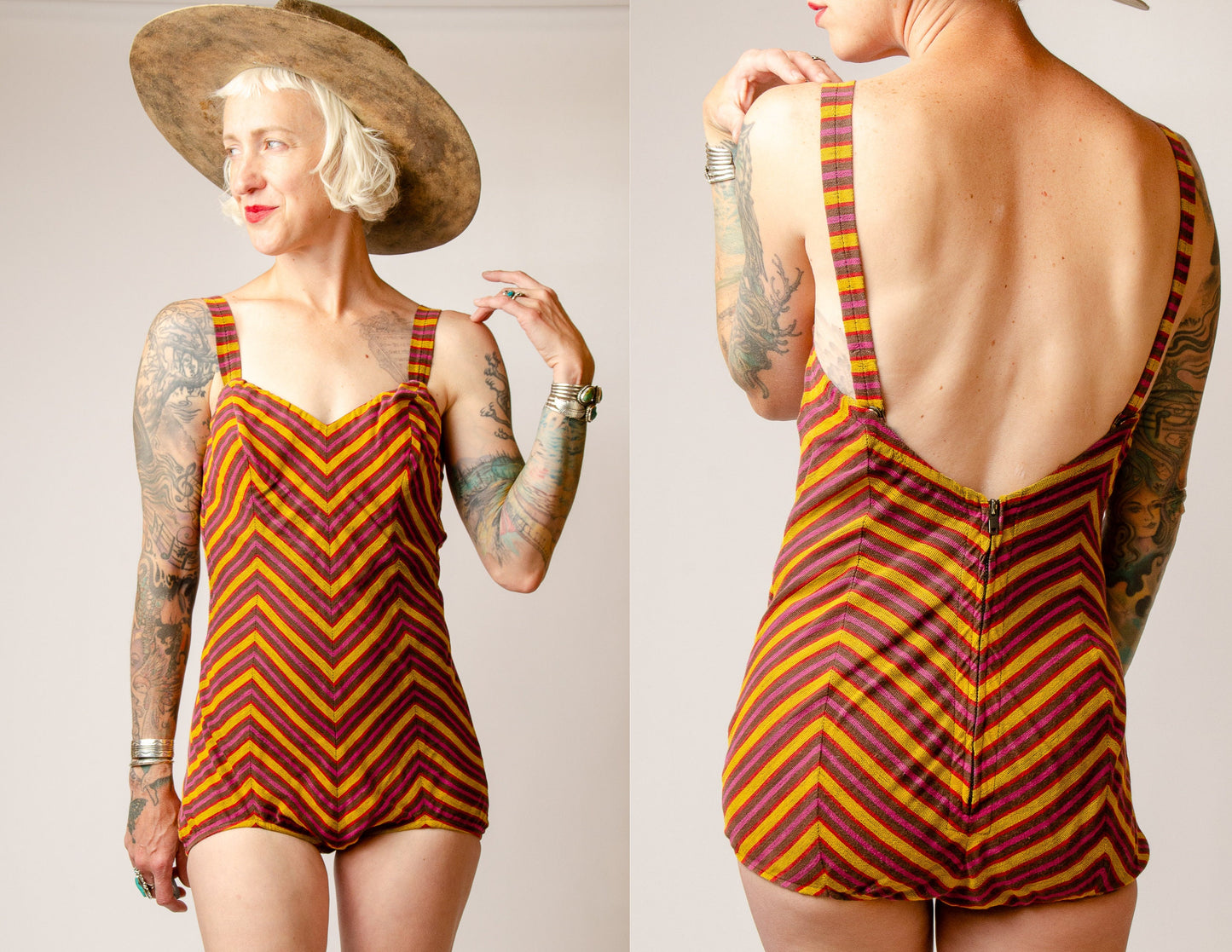 1940s Cotton Sunburst Swimsuit Striped Sweetheart Pin Up One Piece Playsuit