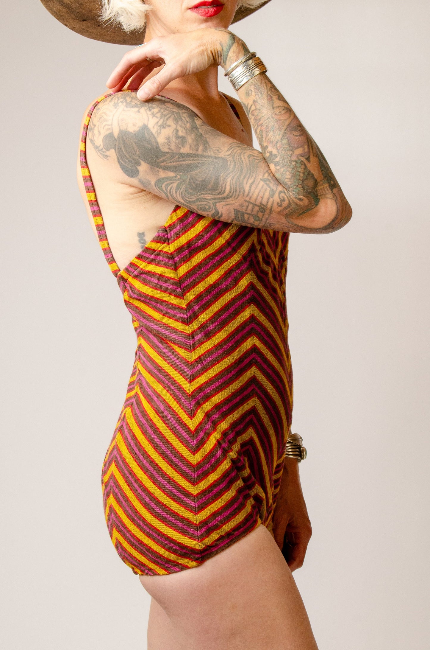 1940s Cotton Sunburst Swimsuit Striped Sweetheart Pin Up One Piece Playsuit