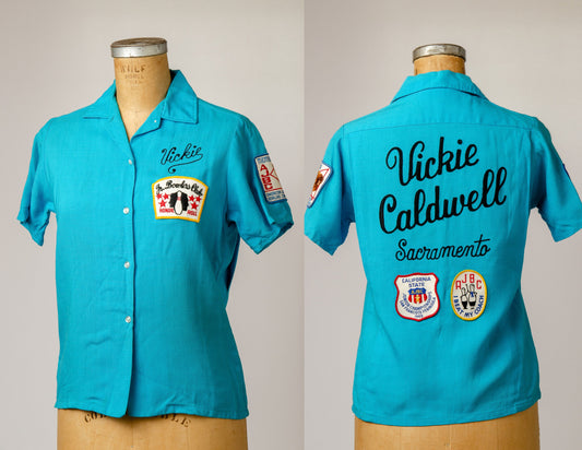 1950s Cotton Linen Bowling Shirt Blue Mid Century Bowler Shirt