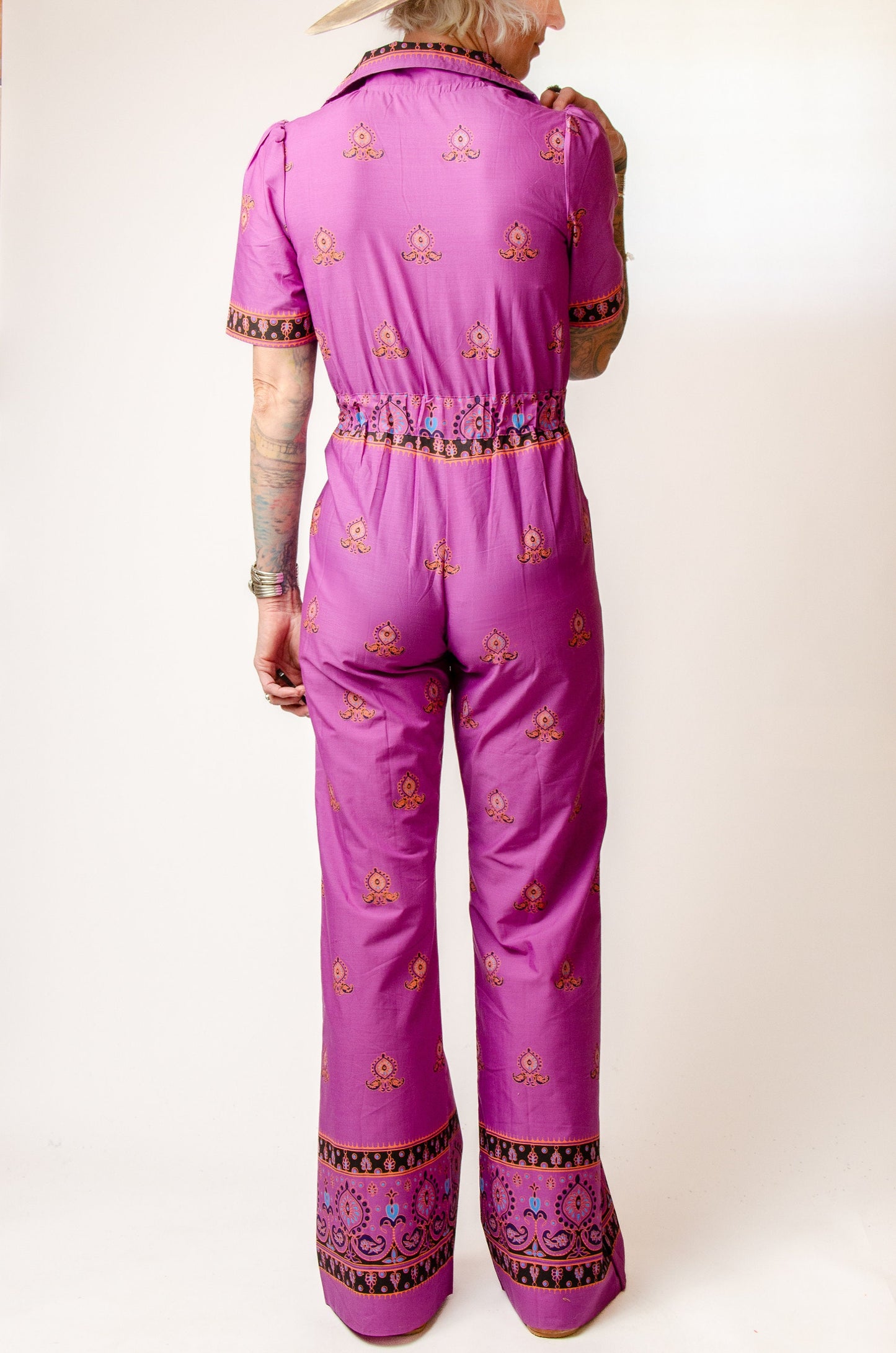 1970s Deadstock Batik Jumpsuit Belted Cotton Flared Jumpsuit