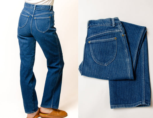 1970s Pinstripe Blue Denim High Waisted Western Jeans 27 x 30