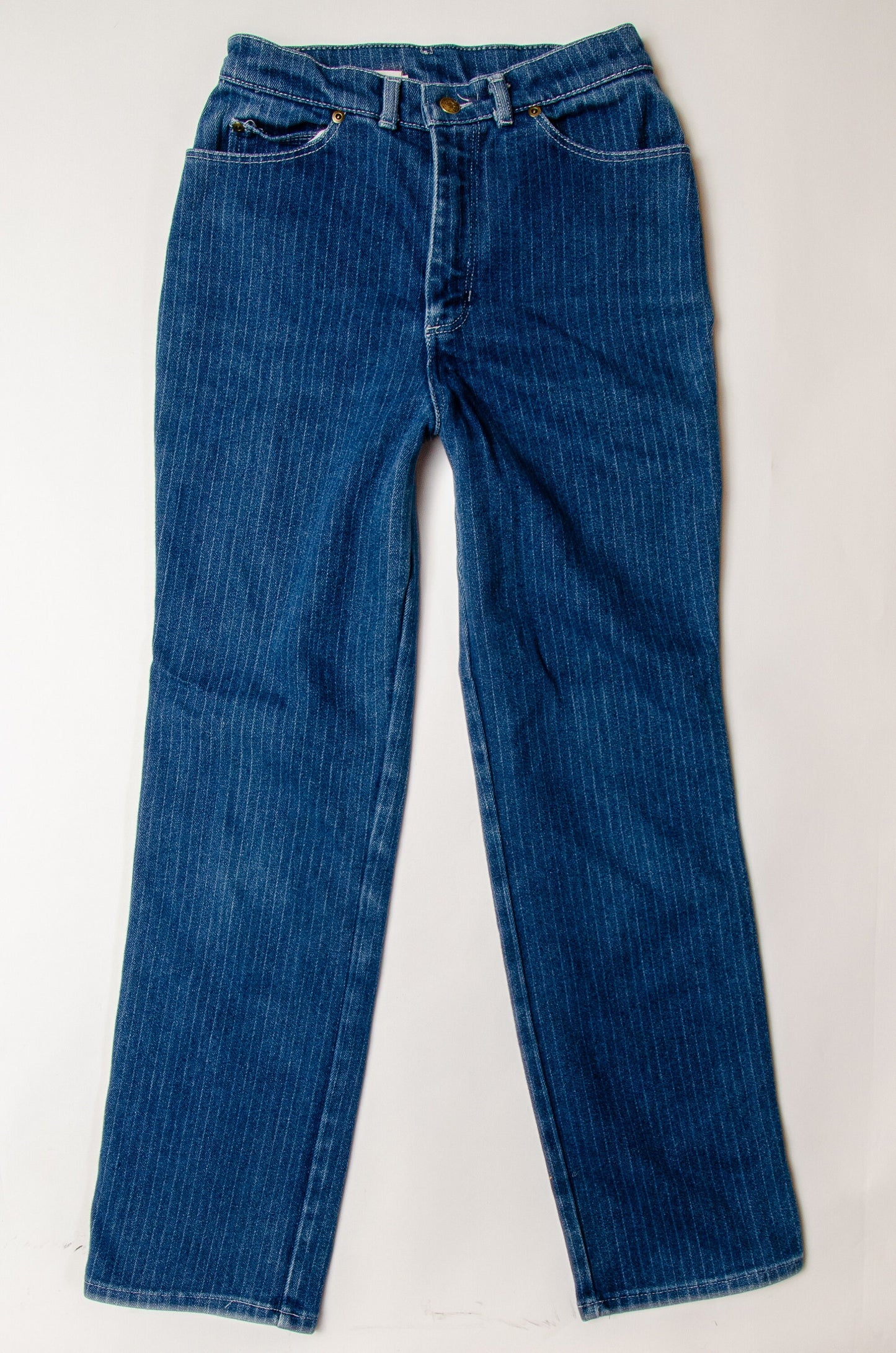 1970s Pinstripe Blue Denim High Waisted Western Jeans 27 x 30