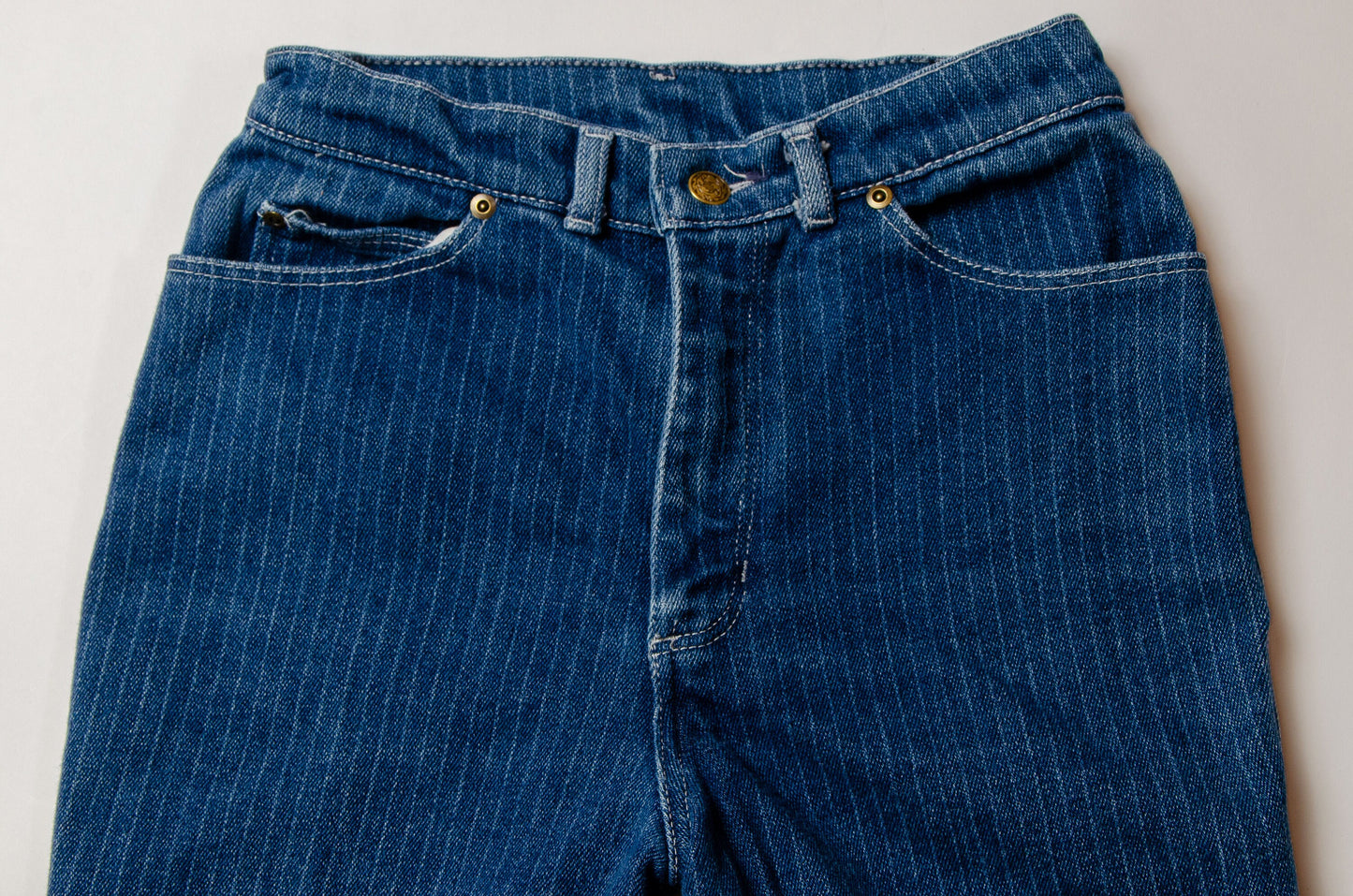 1970s Pinstripe Blue Denim High Waisted Western Jeans 27 x 30