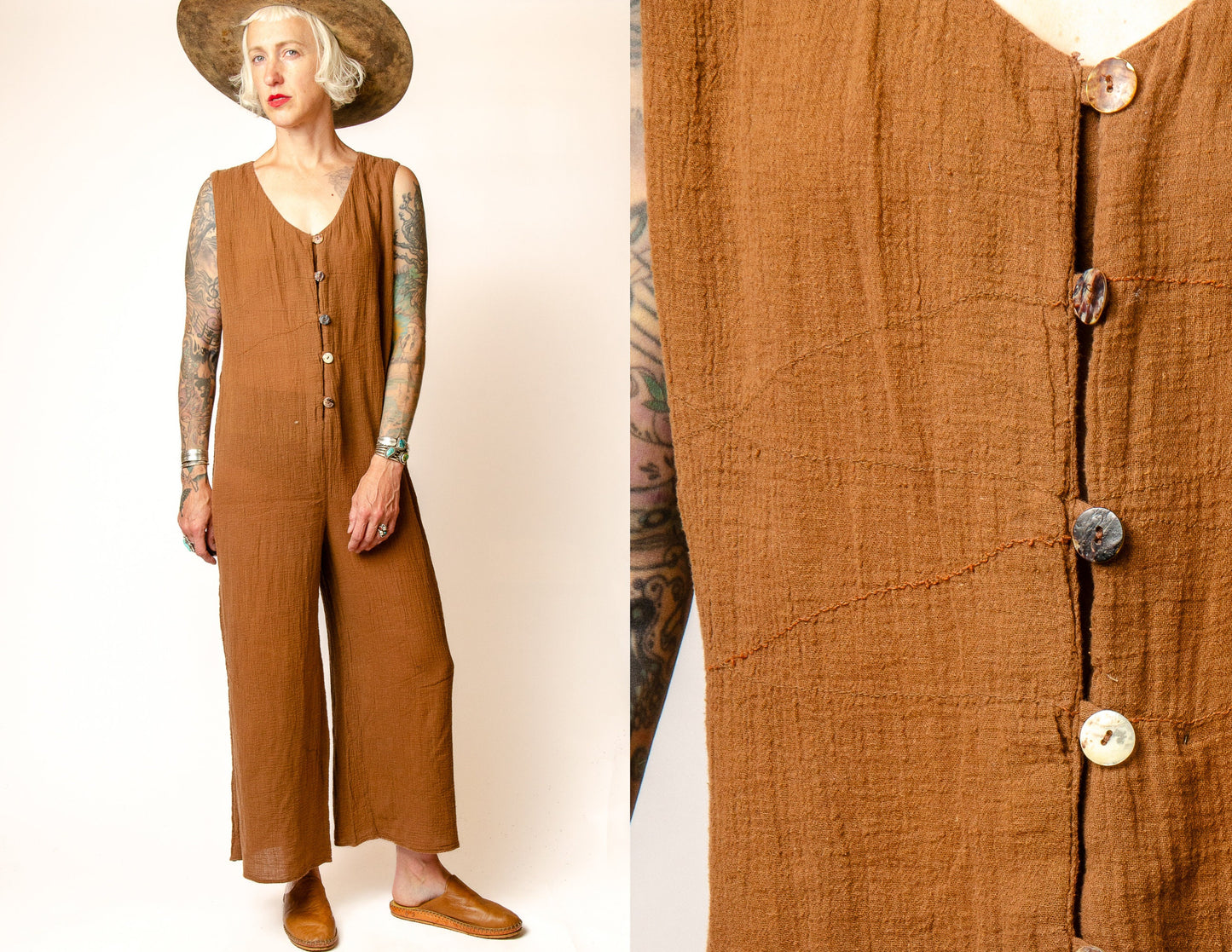 90s Gauzy Cotton Jumpsuit Wide Leg Button Up Brown Cotton Jumper