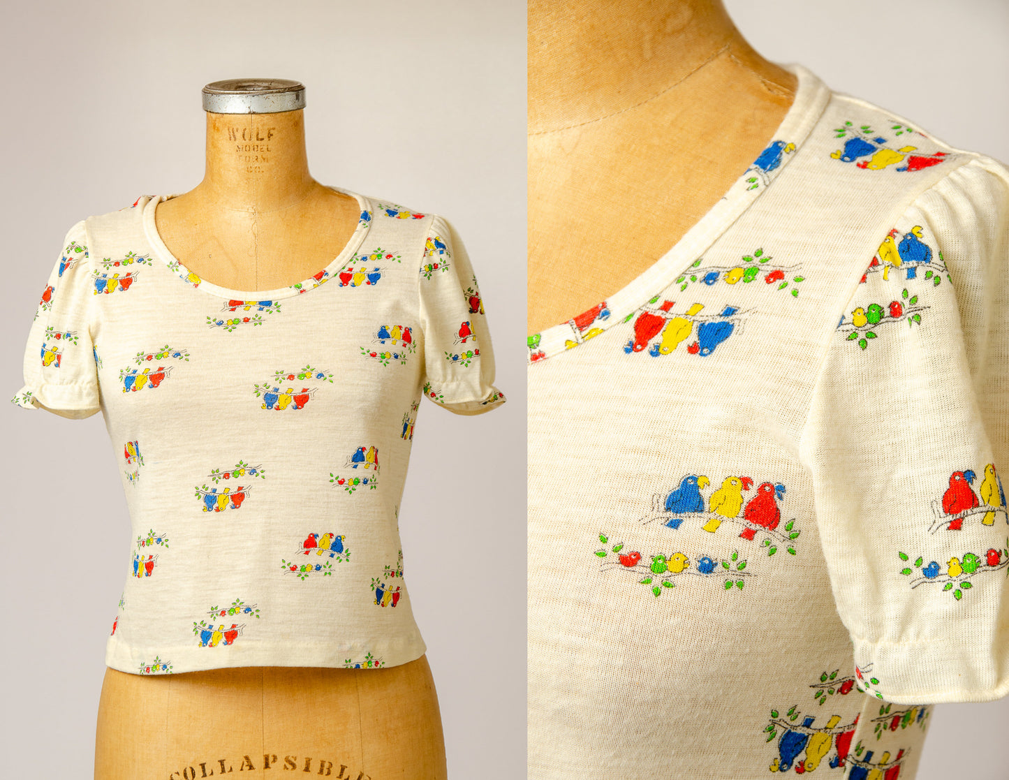 1970s Babydoll Blouse Birds Novelty Print Dolly Blouse