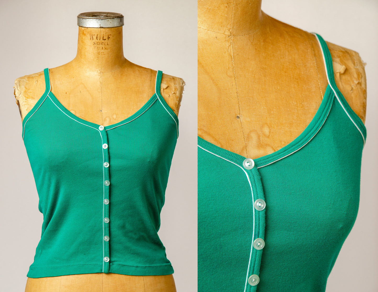 1970s Green Babyrib Cotton Button Down Tank Top