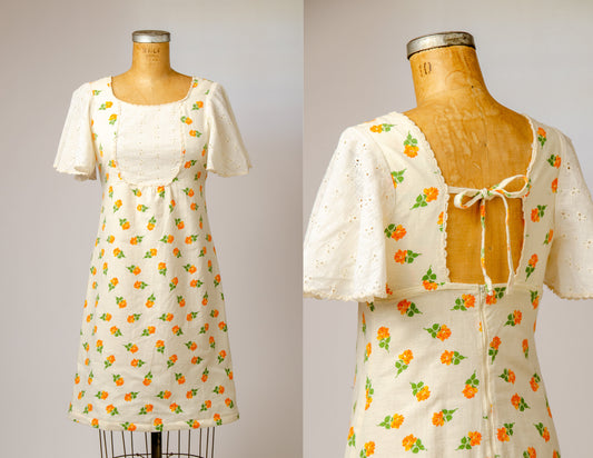 1970s Linen Dolly Dress Orange Rose Floral Open Back Cotton Dress