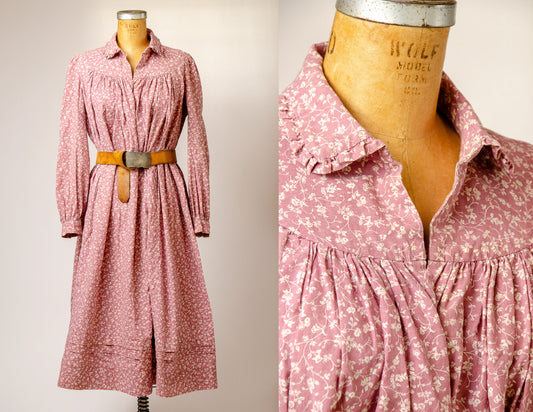 1910s Calico Smock Dress High Collar Prairie Homestead Dress