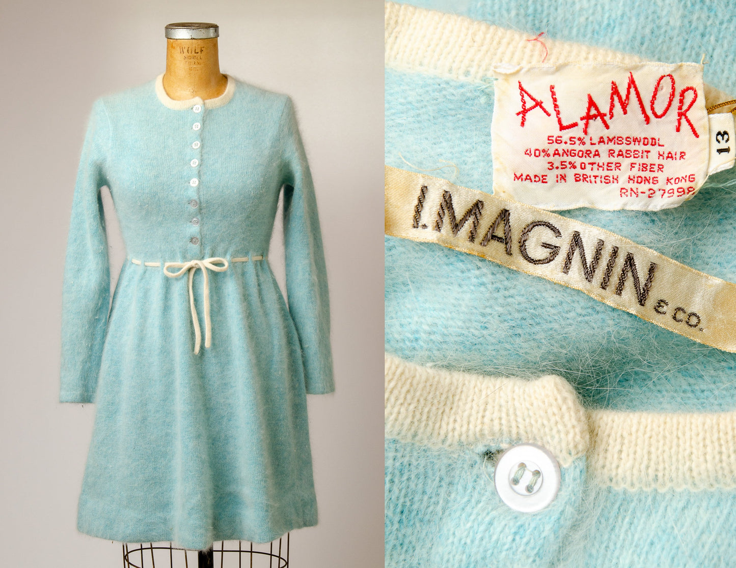 1970s I Magnin Angora Knit Turquoise Sweater Dress