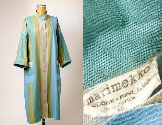 1970s Marimekko Caftan Dress Button Down Striped Cotton Dress