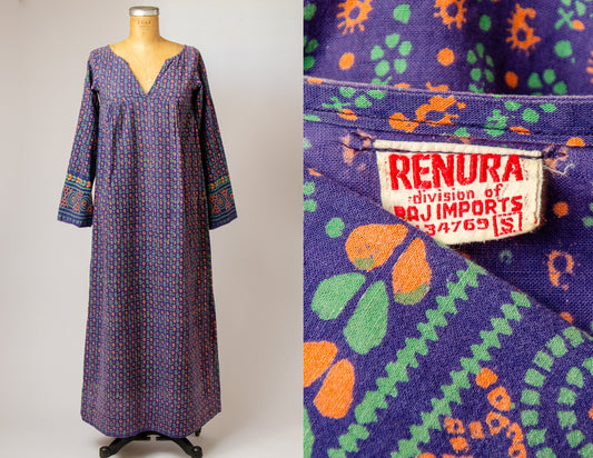 1970s Indian Cotton Block Print Bohemian Dashiki Maxi Dress