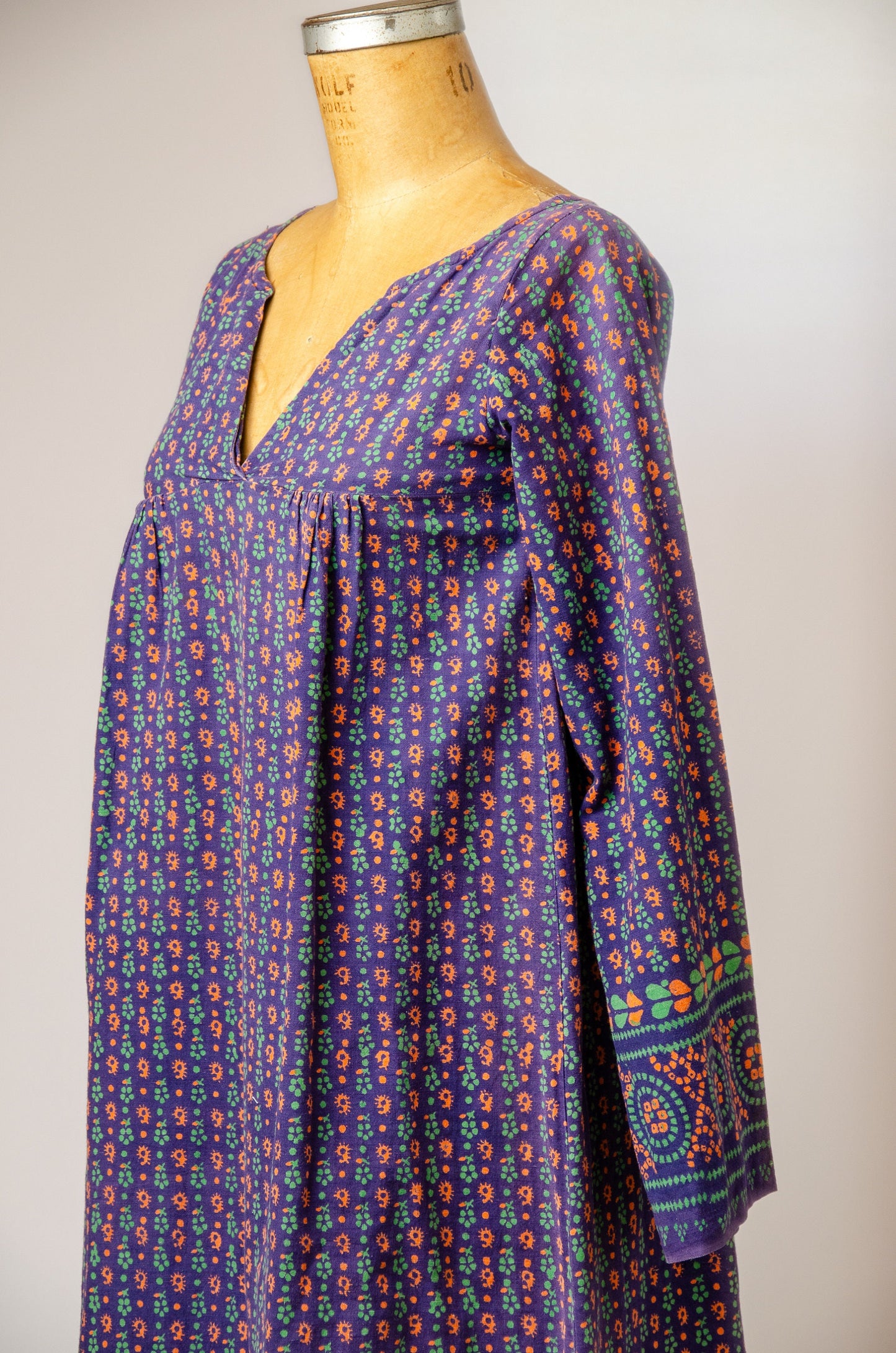 1970s Indian Cotton Block Print Bohemian Dashiki Maxi Dress