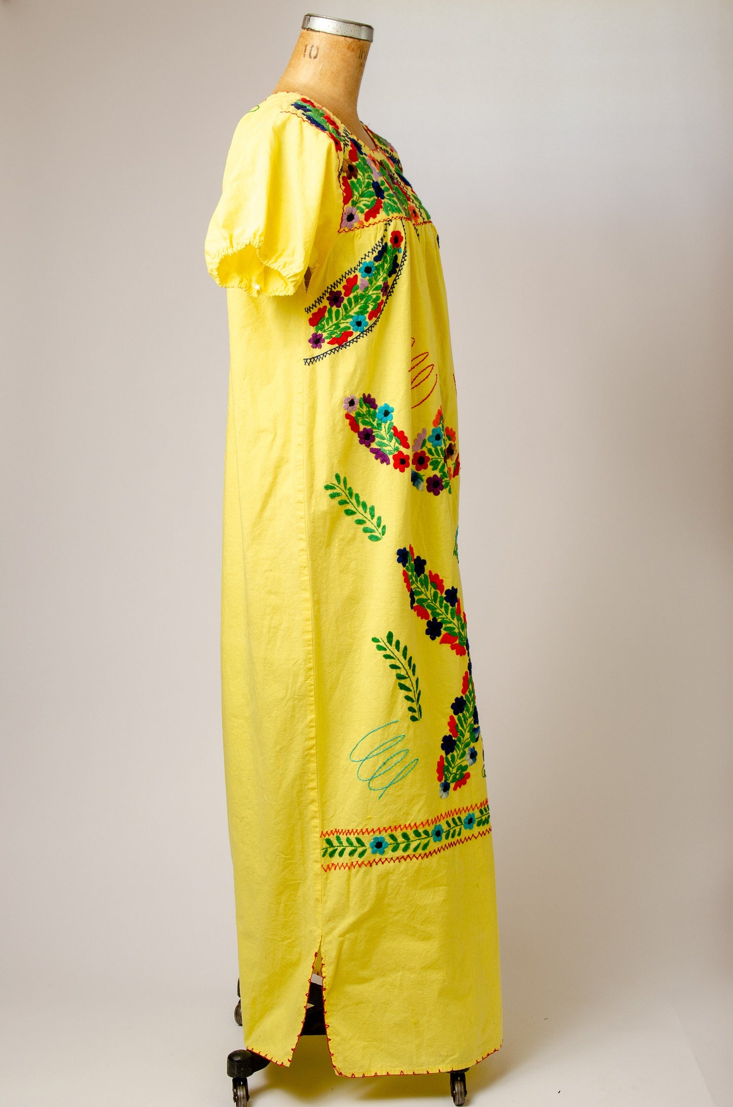 1970s Mexican Hand Embroidered Oaxacan Yellow Cotton Full Length Bohemian Artisan Dress