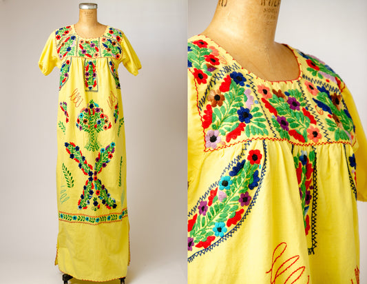 1970s Mexican Hand Embroidered Oaxacan Yellow Cotton Full Length Bohemian Artisan Dress