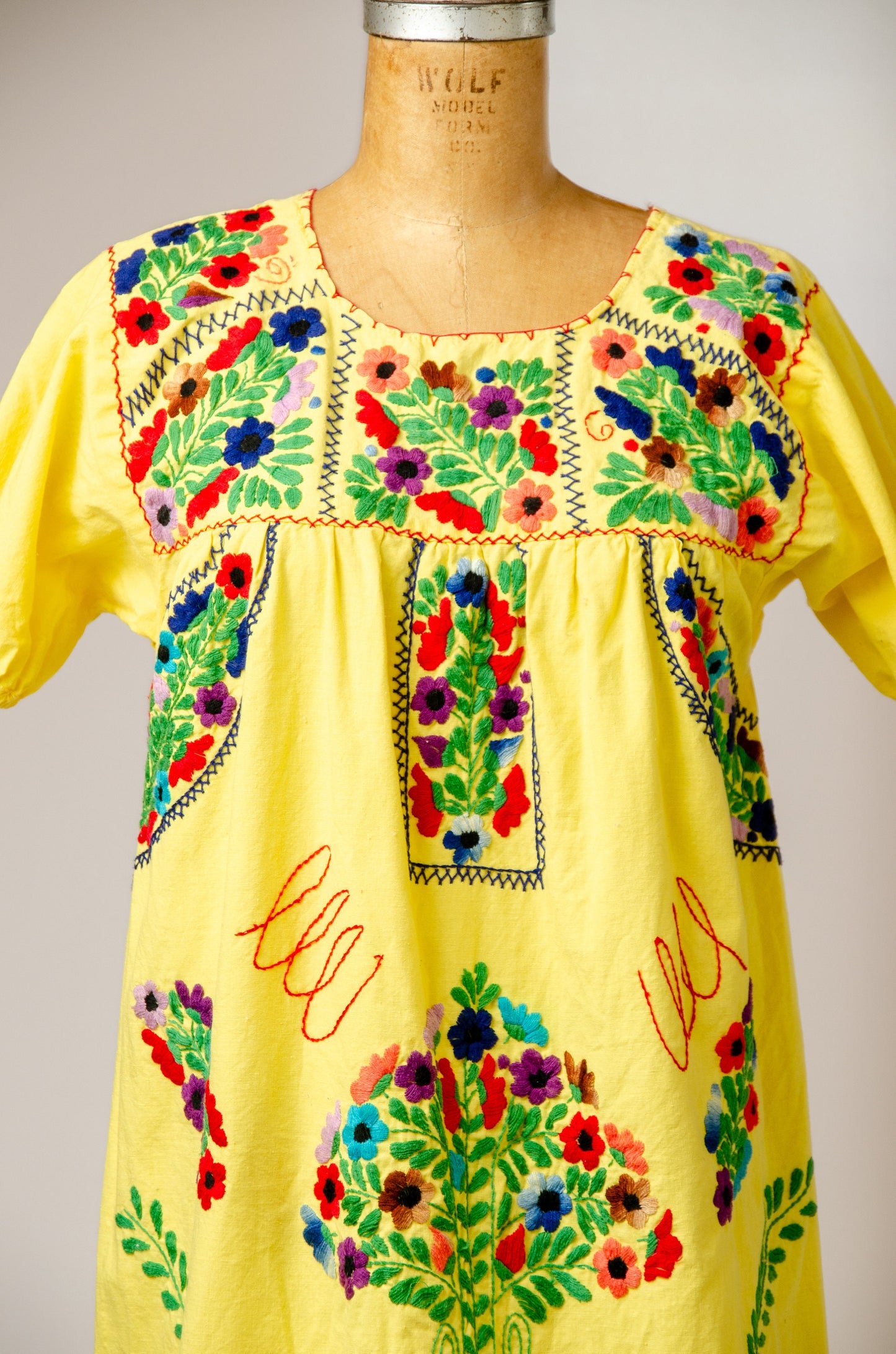 1970s Mexican Hand Embroidered Oaxacan Yellow Cotton Full Length Bohemian Artisan Dress