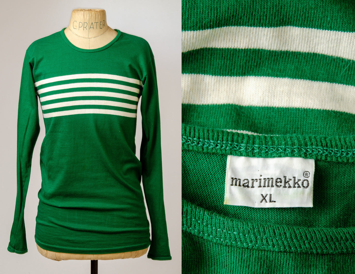 1970s Marimekko Green Striped Weighted Cotton Long Sleeve Shirt