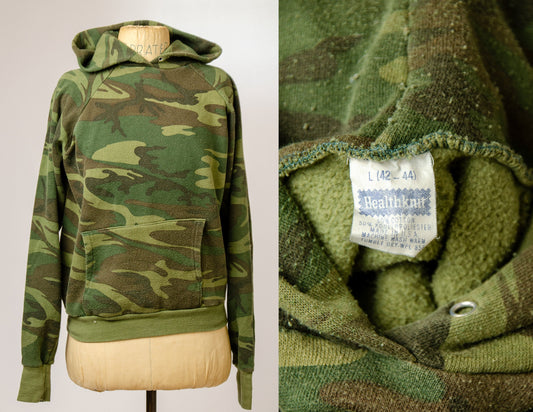 1980s Camo Hoodie Army Green Healthknit Tag Camouflage Hooded Sweatshirt